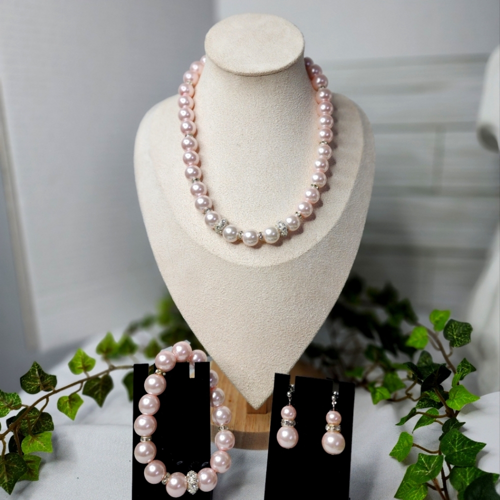 Pink Glass Pearl Necklace Earrings and Bracelet Set